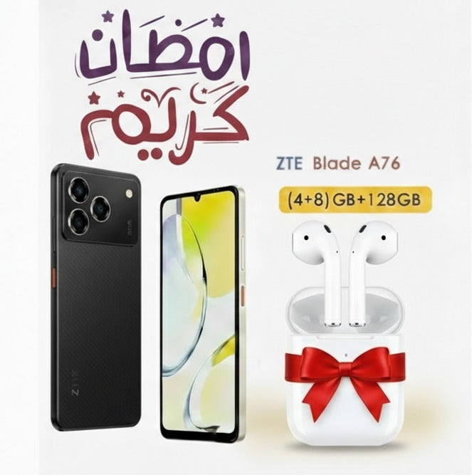 ZTE Blade A76 Dual SIM Carbon Black 4+8GB RAM 128GB 4G - Middle East Version & Riversong Audio Air X5+ EA78 True Wireless Earbuds – White, 300mAh Battery, Touch Control, In-Ear Detection, Wireless Charging with Protective Case Bundle - Image 1